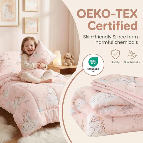 Set, 4 Set, JSD Pink Unicorn Toddler Bedding Piece Bed-in-a-Bag Toddler Microfiber Comforter Sheet All Season Machine