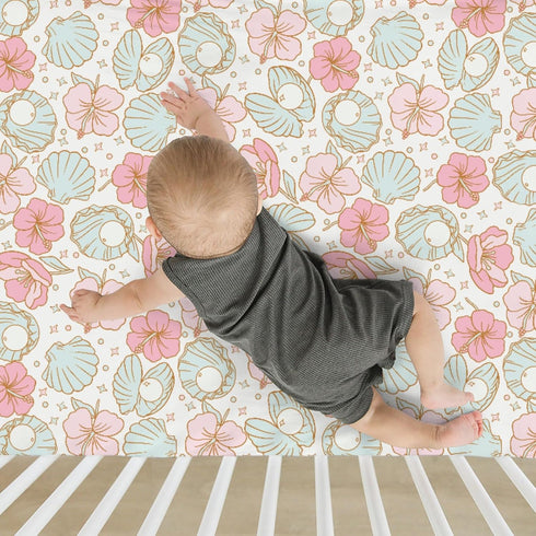 Summer 52"x28" Boho Mermaids Floral Baby Crib Sheets for Boy Girl Beach Seashells Conch Tropical Flowers Soft Snug