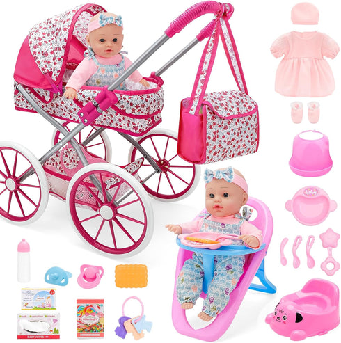 Set Playset 12" Stroller,2 Sets 3-7 deAO Baby Doll Stroller Baby Doll Accessories Pretend Play Toys with Baby