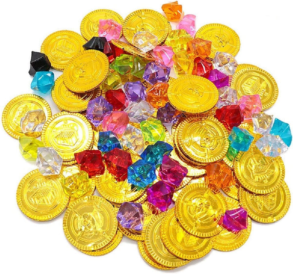 100pcs Plastic Pirate Gold Coins - Colored Gems Pirate Treasure Hunt Playset Toys for Kids Party Decoration