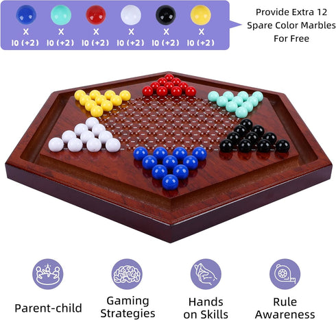 14 inches Set, 60+12 6 6 Offelec Wooden Chinese Checkers Colorful Acrylic Marbles in Colors, Classic Strategy Games