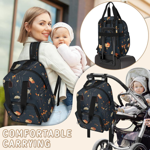 Shoblo Backpack Poppy Black Diaper Bag for Travel, Waterproof Diaper Bag with Insulated Bottle Pockets & USB Port