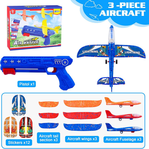 3 Pack Airplane Launcher Toys, 2 Flight Modes LED Foam Glider, Outdoor Flying Toy for Kids, Birthday Gifts for 6+