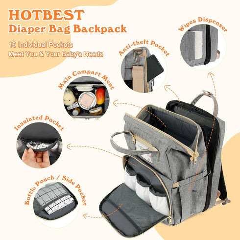 Backpack Pack HOTBEST Diaper Bag with Changing Station, Baby Essentials Travel Tote Multi function Waterproof Bag