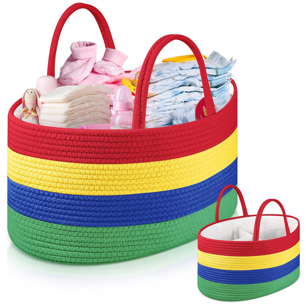 Oversize Baby Diaper Caddy Organizer, Colorful Rope Nursery Bin Basket, Portable Storage with Removable Divider
