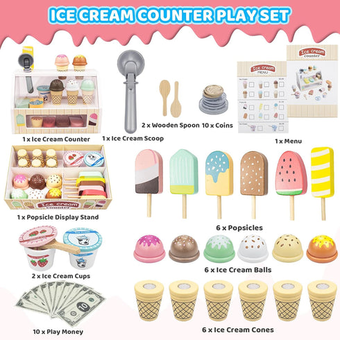 Minnot 32 Set Counter 3 4 5 6 7 8 Wooden Ice Cream Toys pcs Pretend Ice Cream Play with Scooper, Menu, Fake Money