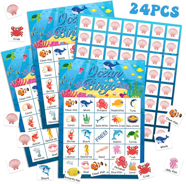 Liliful Ocean Animal Bingo Game Cards - 24 Sea Bingo Cards for Under The Sea Party