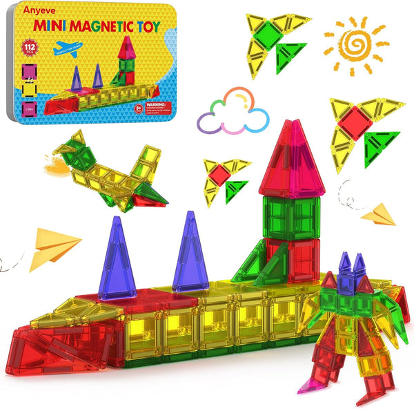 112PCS Mini Magnetic Tiles for Kids, Magnetic Tiles Travel Set with Iron