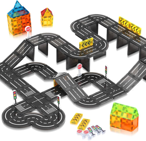 Magnetic Tiles, Construction Magnetic Road Tiles Set, STEM Road Blocks Building Tile,