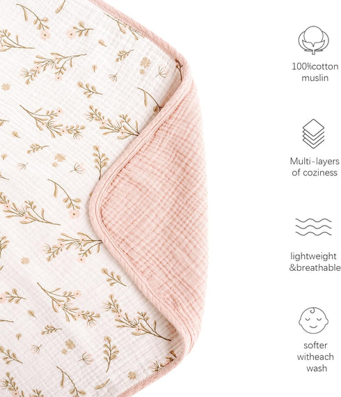 Konssy Muslin Baby Blankets for Girls, 100% Cotton Crib Blanket, Super Soft Lightweight Nursery Blankets 40"x36" (Pink