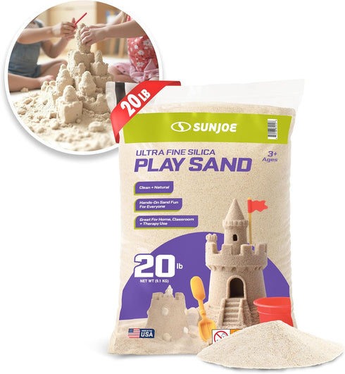 20 Lb PLYSAND20 Sun Joe Silica Play Sand for Sandbox, Sensory Table & Garden Spaces, Ultra Fine, Bag - Indoor