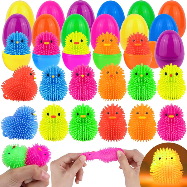 FLYSNK 18 Pack Easter Eggs Filled with LED Chick Puffer Balls, Easter Basket