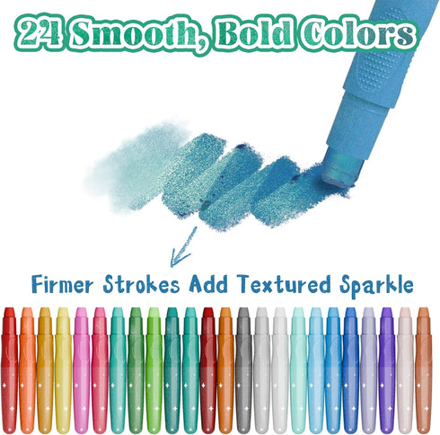 24 Colors Rainbow Sparkle Metallic Watercolor Gel Crayons, Glitter Twistable Crayons for Toddlers, Non-Toxic, Hands