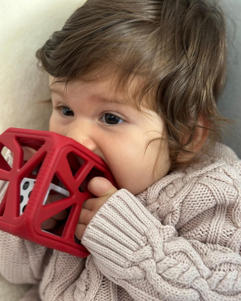 Pack: Malarkey Kids Holiday Gift Munch Mitt and Chew Cube Duo - Perfect Teething Treats for Babies and Toddlers - Red
