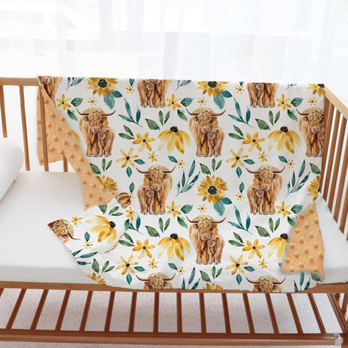 Buerhanerry 30"x40" Sunflower Highland Cow Baby Blanket for Unisex, Soft Double Layer Minky with Dotted Backing, Floral