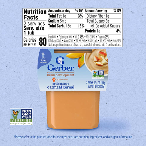 2 16PK Gerber Stage Baby Food, Apple Mango Oatmeal Cereal Puree Tubs, Baby Cereal