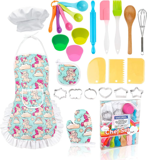 KAEGREEL Kids Baking Chef Set, Unicorn Apron and Mitt, 26pcs Kitchen Toys Cooking Set for Girls and Boys