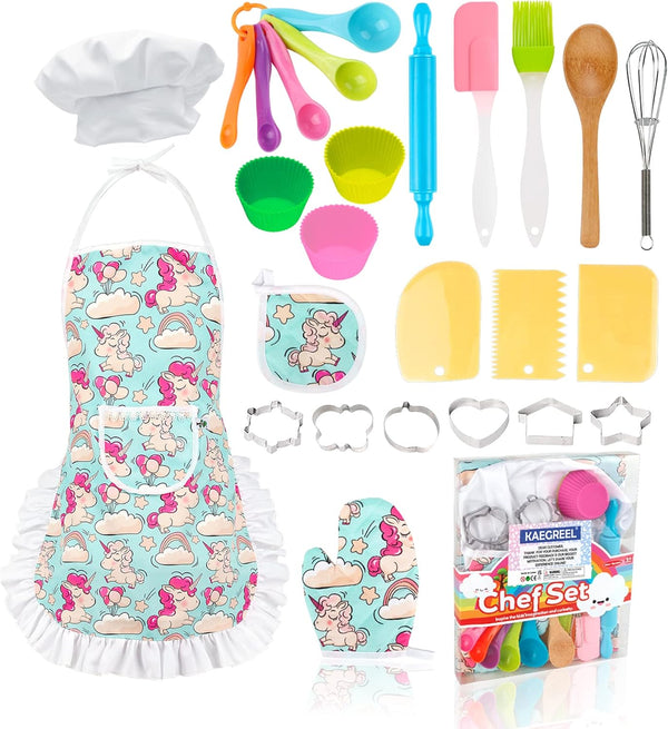 KAEGREEL Kids Baking Chef Set, Unicorn Apron and Mitt, 26pcs Kitchen Toys Cooking Set for Girls and Boys