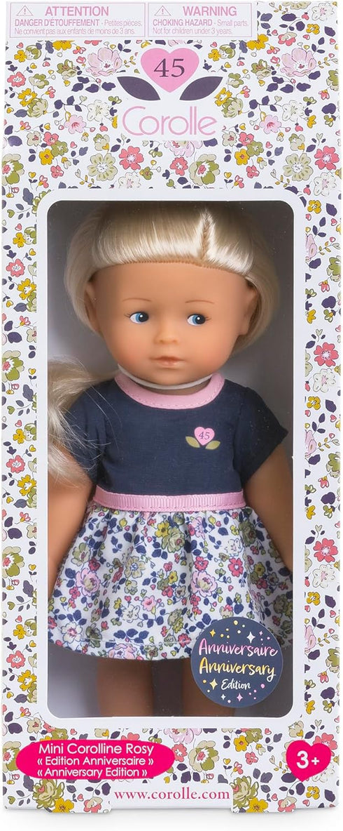 Corolle Mini Corolline Rosy 8" Doll - Anniversary Edition with Special Floral Dress, Blond Hair and Blue Eyes, for Ages 3 Years and up