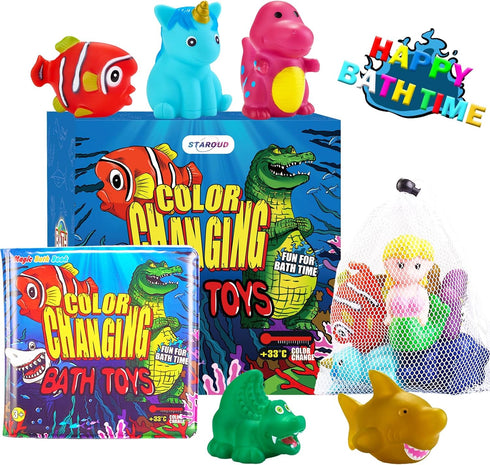 Staroud Bag(9 Packs) Color Changing No Hole Bath Toys for Toddlers Kids, Water Table Toys Rubber Animal with Bath Book