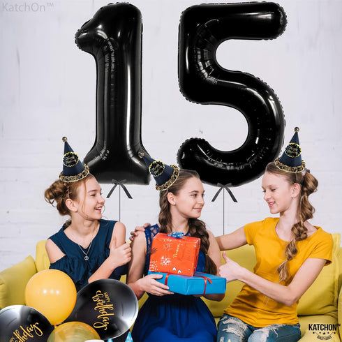 KatchOn Giant Black 15 Balloons Number - 40 Inch Happy 15th Birthday Decorations for Boys, 15 Birthday Balloons