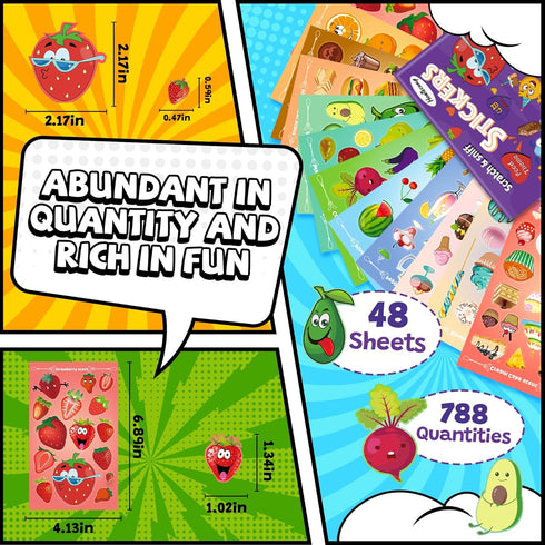 HORIECHALY Scratch and Sniff Stickers, 48 Sheets 12 Scents, Funny Scented Fruit and Food Pattern for Kids