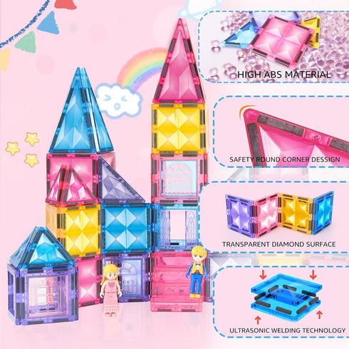 Princess Magnetic Tile Castle - 3D Building Block Set for Kids, Pink Magnetic Building Blocks with Doll, Ages 3-8
