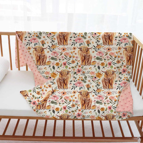 Highland Cow Baby Blanket, Boho Floral Farmhouse Minky Blanket, Double Layer Dotted Backing, 30"x40" for Nursery