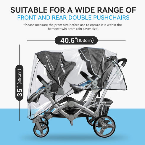 bemece Double Stroller Rain Cover, Weather Shield Double Stroller for Front and Rear Seats Twin Stroller, Baby Outdoor