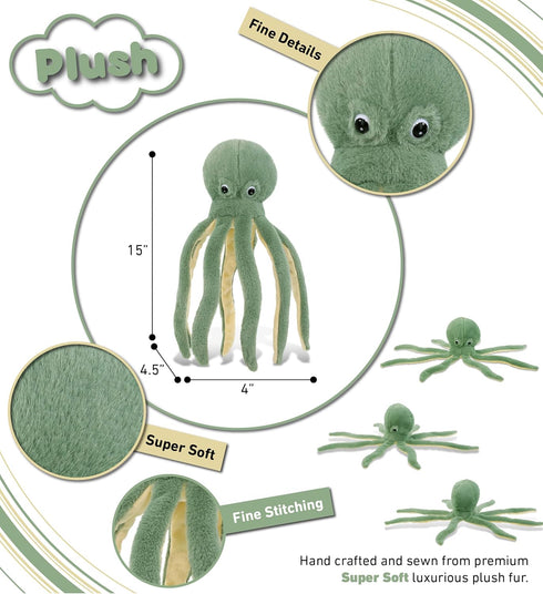 DolliBu Green Octopus Super Soft Stuffed Animal - Cute Realistic Plush for Kids Nursery Decor, 15 Inches
