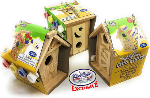 Matty's Toy Stop Paint Your Own Small Wooden Birdhouses - Gift Set Bundle (Includes Paints & Brushes) - 3 Pack