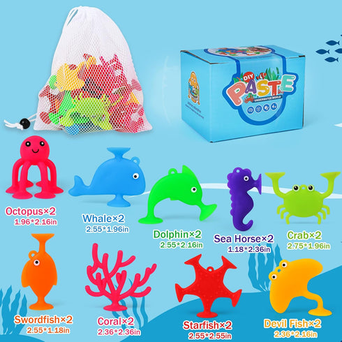 Baby Suction Cup Toys, Ocean Animals Sucker Toys with Mesh Bag Storage, 18 PCS Bath Toys for Kids Ages 4-8