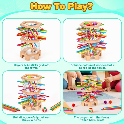 WhimsiPlay 42 3 4 5 6 Counting Montessori Wooden Board Game, Colorful Sticks Dice Games for Kids Years, Math Learning