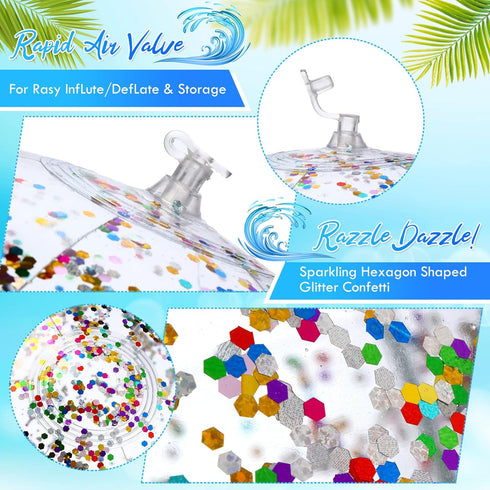 20 Pcs Inflatable Glitter Beach Ball, 24 Inch and 16 Inch Clear Beach Balls for Kids Adults Outdoor Summer Birthday