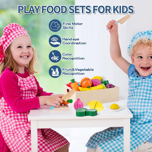 32 Sets Set Pcs Wooden Play Food for Kids Kitchen Accessories, Montessori Educational Toys Food, Pretend Play Food