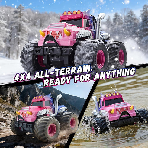 YEESWOOQI 360Spin, 1:18 4WD 3-12 Remote Control Car for Girls, Waterproof Pink Monster Truck Toys W/Blocks & Amphibious