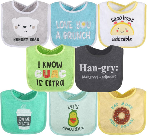 The Peanutshell Baby Bibs Set of 8 - 100% Cotton, Soft, Absorbent, Unisex Toddler, Newborn & Infant - Han-Gry