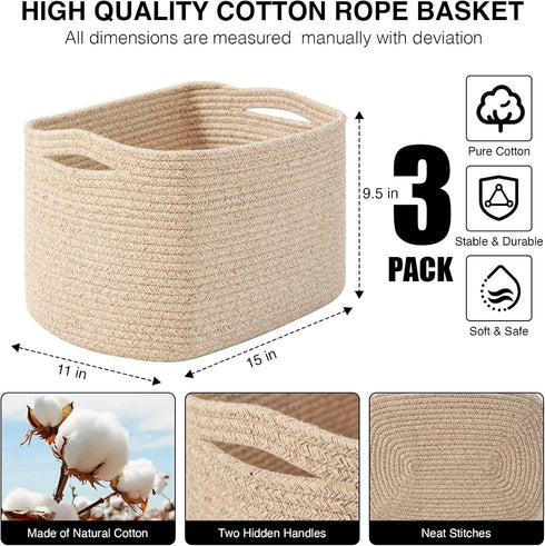 15"x11"x9.5", 3 Packs, ICERZCZ Decorative Storage Baskets for Organizing Shelves, Toy Basket for Nursery, Woven Cotton