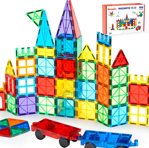 Gemmicc 100 PCS Magnetic Tiles with 2 Cars, STEM Approved Educational Magnet