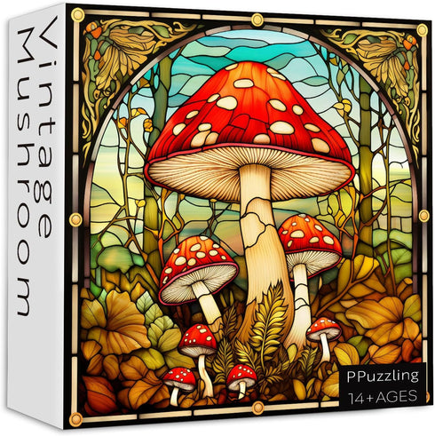 Vintage Mushroom Puzzles for Adults 1000 Pieces, Stained Glass Nature Plant Puzzles Impossible Art Puzzle, Hard Challenging Retro Forest Fungi Jigsaw Puzzle as Home Wall Art Decor