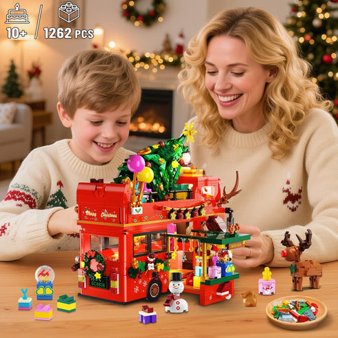 Set 1262 8-12+ INSOON Christmas Double Decker Bus Building with Lights, Christmas Bus Building Block Toy with Santa