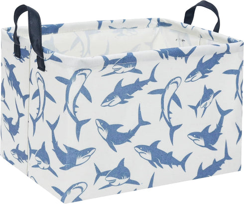 Kids Baby Storage Basket, Rectangular Shark Toy Organizer Bin, Cute Shelf Book Decor (Blue Shark)