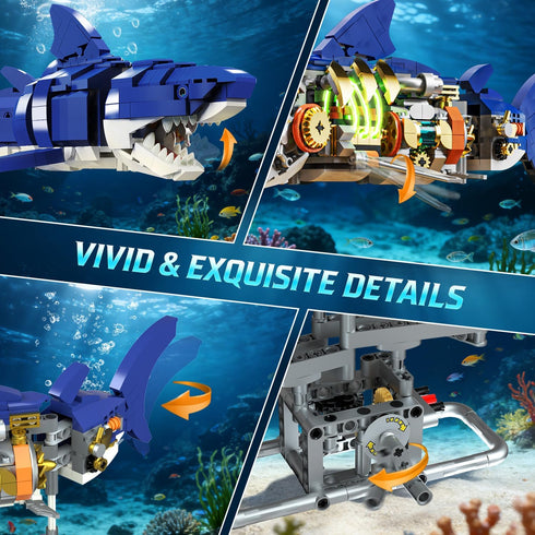 Set 687 12+ INSOON Mechanical Shark Building with LED Light, PCS Movable Ocean Animal with Display Stand, Sea Fish
