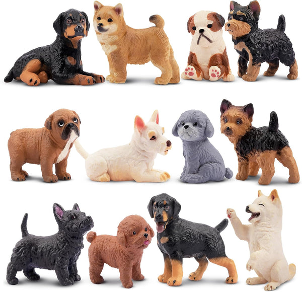 12PCS Realistic Dog Figurines, Hand Painted Tiny Puppy Animals Toy, Dog Cake Topper Gift for Kids & Toddlers