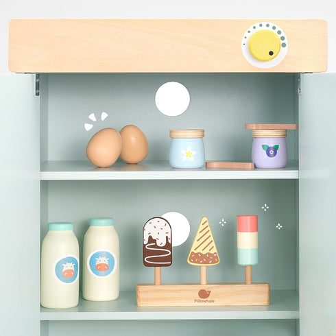 12-Piece Set 3+ Pillowhale Wooden Dairy & Ice Cream Play Food Pretend Fridge Food Accessories w/ Milk Bottles Yogurt
