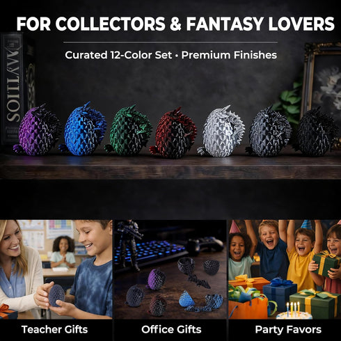 MiniMythos Toys 12 Pack 3D 12-Color Set 8+ Printed Dragon Eggs with Dragons Inside, Articulated Crystal Dragons, Dark