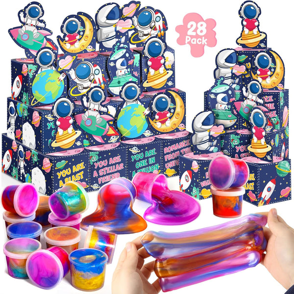 SURCVIO 28 Pack Valentines Day Gifts for Kids, Galaxy Slime with Greeting