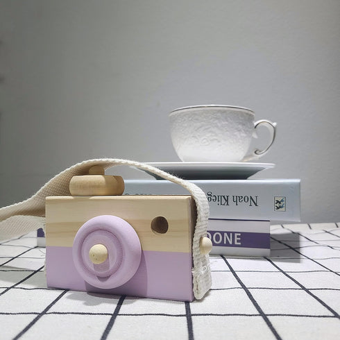 Baby Toy Wooden Mini Camera - Cute Neck Hanging Photographed Props for Kids' Room Decor, Purple