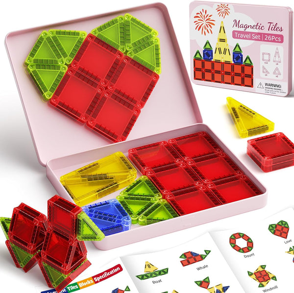 Niukdier 26PCS Mini Magnetic Tiles Travel Set Iron Box Storage Baseplate, Portable Magnetic