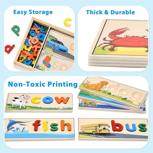 Atoylink Wooden Spell Learning Toys for 2-5 Year Old Kids, Match Letter Spelling Game Board & Letters Educational Toy